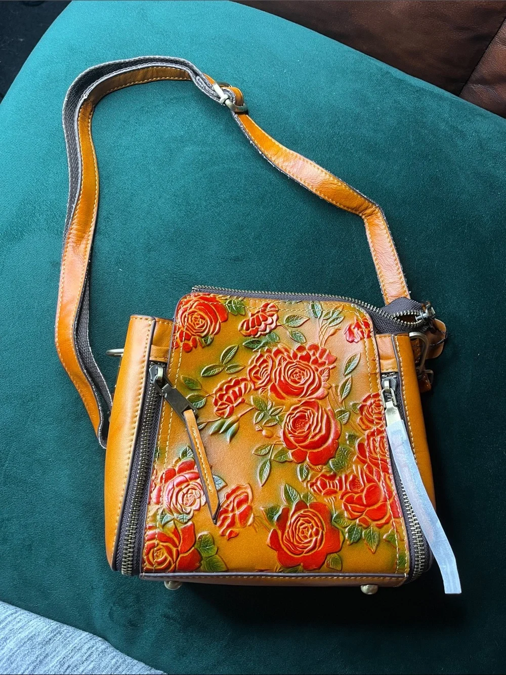 Orange Floral Embossed Leather Crossbody Bag - Women's Shoulder Bag